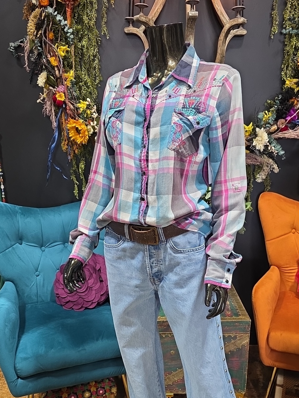 Roar Plaid Western Embroidered & Beaded Button-Down Shirt